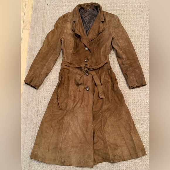unknown Jackets & Blazers - Vintage Brown Suede Leather Trench Coat Belted Long Jacket Size 48 small s